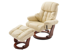 Relaxsessel >Carl I< mit Hocker, bis 130 kg belastbar, drehbarer Fernsehsessel mit Liegefunktion, Echtleder creme, Gestell Holz walnuss