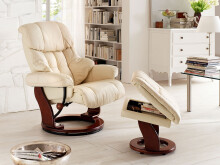 Relaxsessel >Carl I< mit Hocker, bis 130 kg belastbar, drehbarer Fernsehsessel mit Liegefunktion, Echtleder creme, Gestell Holz walnuss