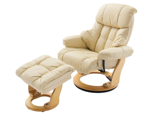 Relaxsessel >Carl I< mit Hocker, bis 130 kg belastbar, drehbarer Fernsehsessel mit Liegefunktion, Echtleder creme, Gestell Holz natur