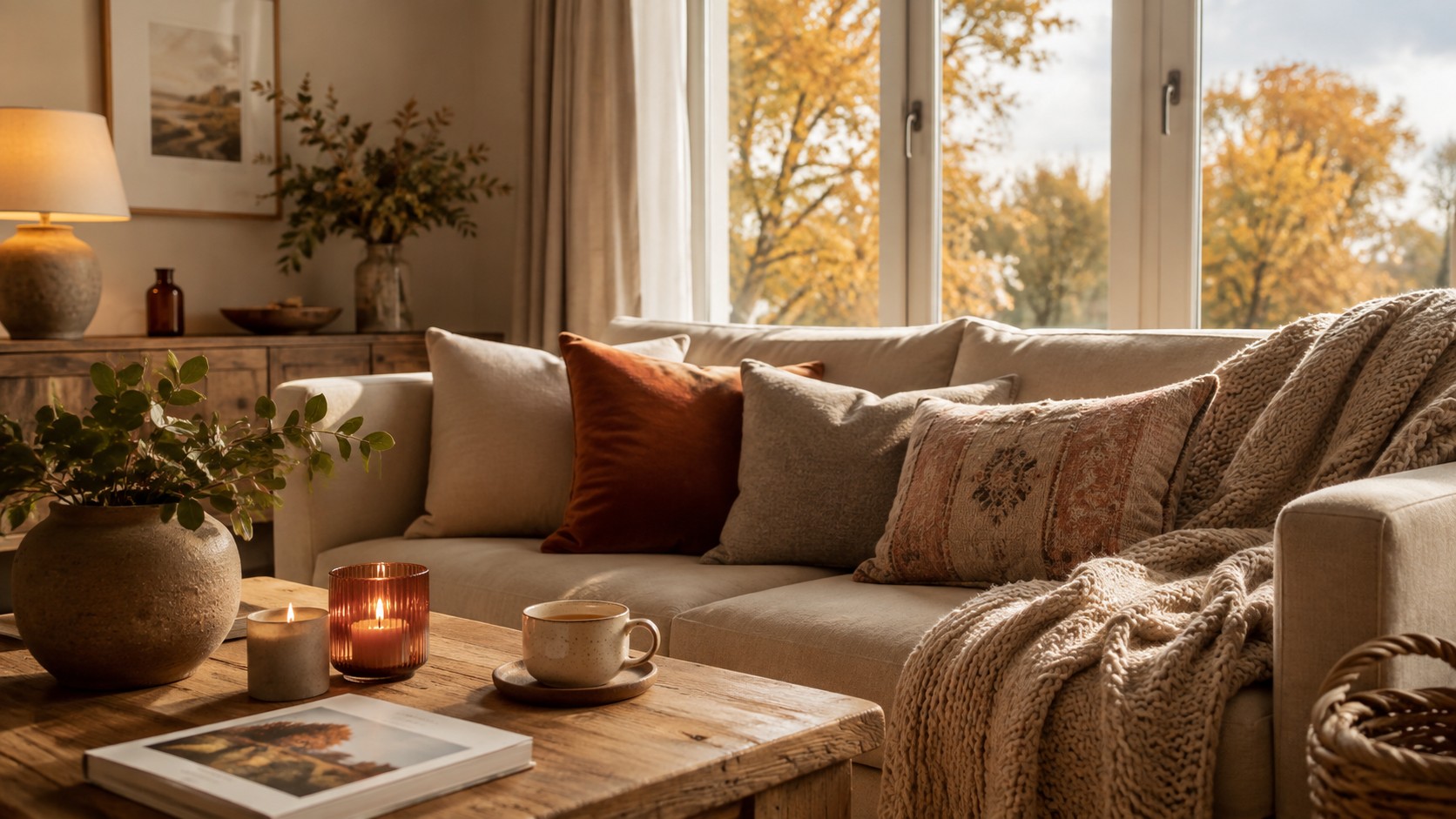 Gemütliches Wohnzimmer im September mit Decke, Kissen, Kerzen und warmem Herbstlicht