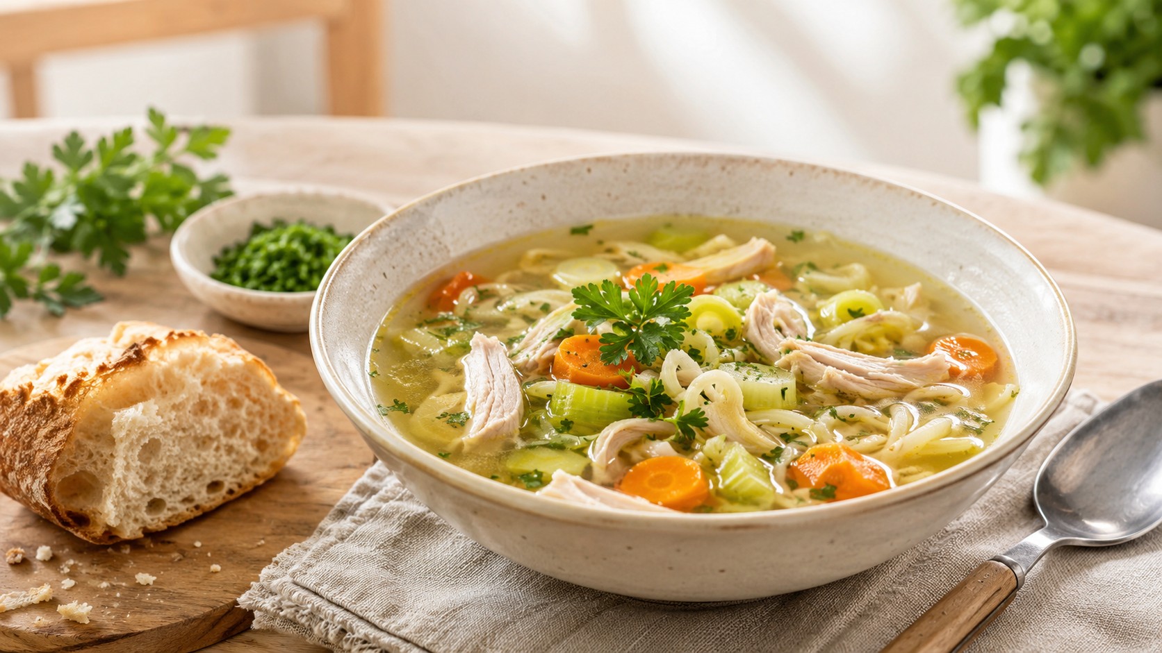 Klassische Hühnersuppe mit Gemüse, Nudeln, Kräutern und zartem Hühnerfleisch in einer Schüssel